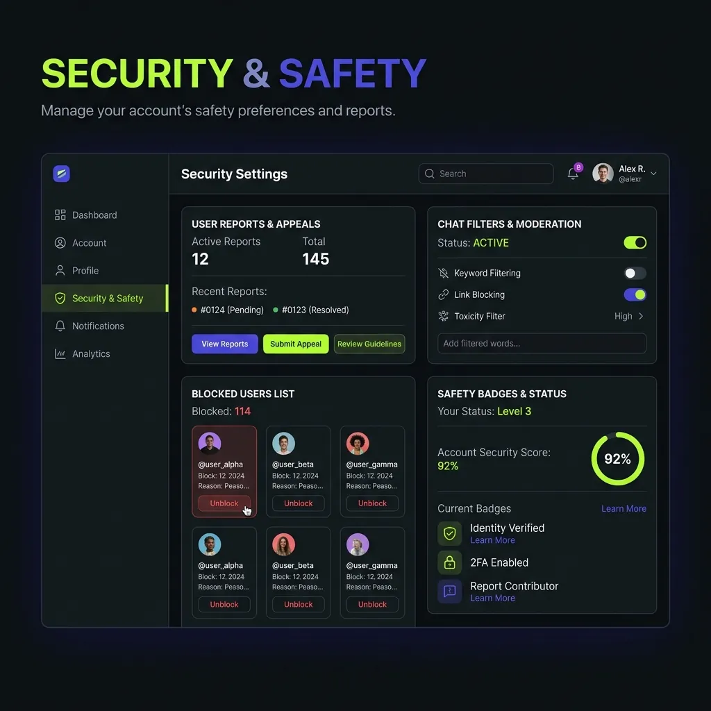 Chatib Safety Center and Moderation Dashboard Chatib Security Dashboard Moderation Panel Interface Mockup